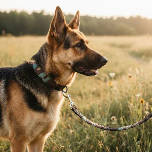 German Shepherd wearing Bloom Dog camouflage collar and leash in a sunny field